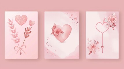 Three watercolor cards for Valentine's Day featuring hearts, flowers, and pink colors.