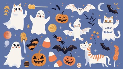 A colorful illustration featuring playful ghosts, bats, and cats in a festive Halloween setting.