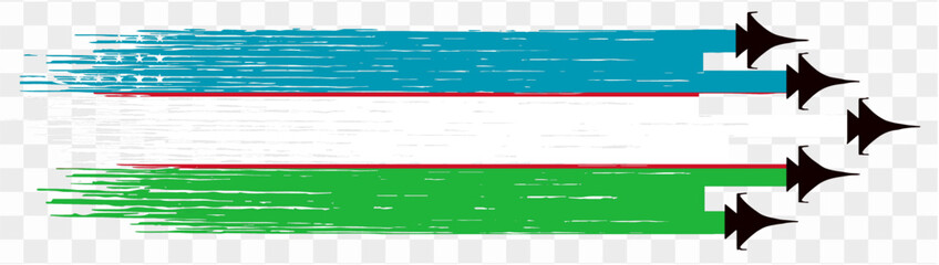 Uzbekistan flag with military fighter jets isolated background. vector illustration