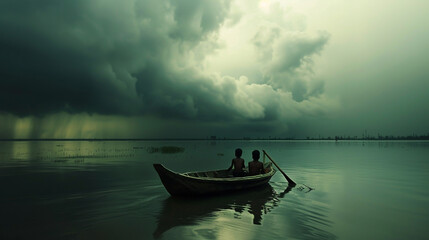 In the Chittagong plain of Bangladesh, two children serenely navigate a small boat under foreboding clouds.