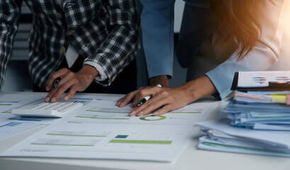 Team of business people working together in the meeting room office, teamwork background charts and graphs banner, double exposure successful teamwork,business planning concept.