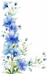 Obraz premium delphinium themed frame or border for photos .with tall spikes of blue flowers.watercolor illustration, white color background. 