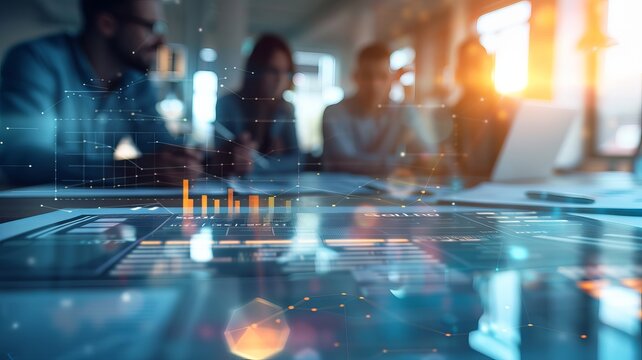 Business team collaboration with futuristic digital analytics interface in modern office setting, data analysis, technology integration.