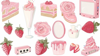 A collection of pink-themed illustrations, including cake, strawberries, flowers, and other sweet treats.