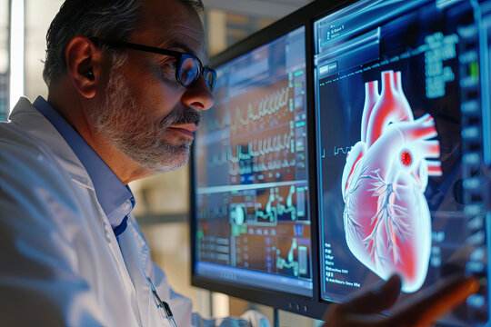 A cardiologist examines heart functionality and vascular health using a digital interface