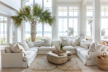 Coastal living room with sea views, indoor palm trees, and modern furnishings