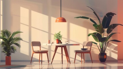 Fototapeta premium A minimalist dining room with a white table, two chairs, and plants bathed in warm sunlight.
