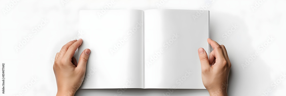 Aufkleber a5 open book mockup held by hands showcasing a blank page for design isolated on a white background 