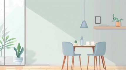 A simple dining area with two chairs and a small table, decorated with plants and a pendant light, all in a soft color palette.