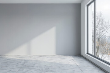 Living room designer composition in light grey color with a window projecting light on it and with minimal furniture arrangements. Residential interiors design composition with copy space.