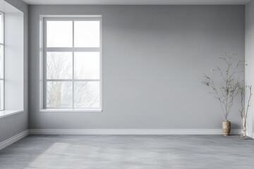 Living room designer composition in light grey color with a window projecting light on it and with minimal furniture arrangements. Residential interiors design composition with copy space.