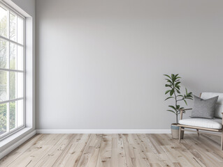 Fototapeta premium Living room designer composition in light grey color with a window projecting light on it and with minimal furniture arrangements. Residential interiors design composition with copy space.