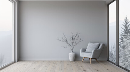 Living room designer composition in light grey color with a window projecting light on it and with minimal furniture arrangements. Residential interiors design composition with copy space.