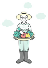 家庭菜園で収穫した野菜を持っている高齢者の全身イラスト