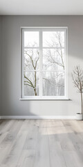 Fototapeta premium Living room designer composition in light grey color with a window projecting light on it and with minimal furniture arrangements. Residential interiors design composition with copy space.