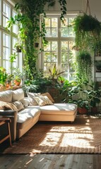 Fototapeta premium A serene Zen-inspired living room featuring bamboo plants, with natural light diffusing through sheer curtains, creating a peaceful and harmonious space