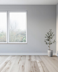 Fototapeta premium Living room designer composition in light grey color with a window projecting light on it and with minimal furniture arrangements. Residential interiors design composition with copy space.