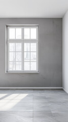 Fototapeta premium Living room designer composition in light grey color with a window projecting light on it and with minimal furniture arrangements. Residential interiors design composition with copy space.