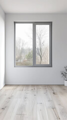Fototapeta premium Living room designer composition in light grey color with a window projecting light on it and with minimal furniture arrangements. Residential interiors design composition with copy space.