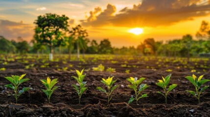 Panorama of small trees planted with sunrise Green world