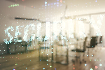 Virtual cyber security creative concept on a modern furnished office background. Double exposure