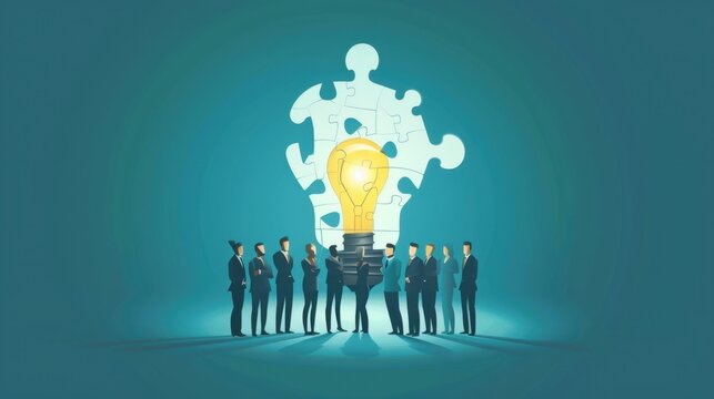 A group of businesspeople stand before a large, glowing lightbulb formed by puzzle pieces. The scene evokes teamwork and creative problem solving.