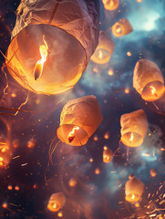 Diwali Celebration. Deepavali. Indian festival of lights. Candles, sky lanterns. Paper lanterns fly up into the blue sky. Lots of bright golden lights.