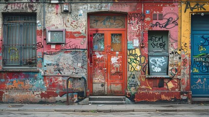 Aged building facade adorned with colorful graffiti tags