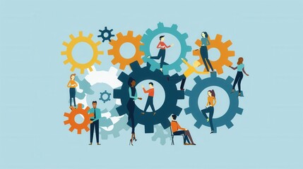 A group of diverse individuals collaborate by working on a system of interlocking gears. The image emphasizes teamwork, unity, and collaboration.