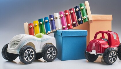 cutout set of 3 colorful classic toddler or baby toys of car wheels, xylophone and geometric cubes isolated, Ai Generate 
