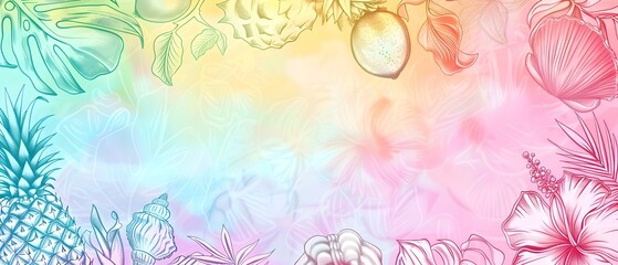 Whimsical Summer Doodle Border with Tropical Fruits and Flowers for Mockup Background