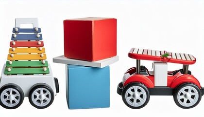 cutout set of 3 colorful classic toddler or baby toys of car wheels, xylophone and geometric cubes isolated, Ai Generate 