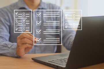 man answers and fill out survey questionnaire online form, electronic feedback data  concept