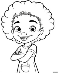Obraz premium A young girl with a big afro is smiling and looking at the camera. She is wearing a white shirt and a dress with a pocket