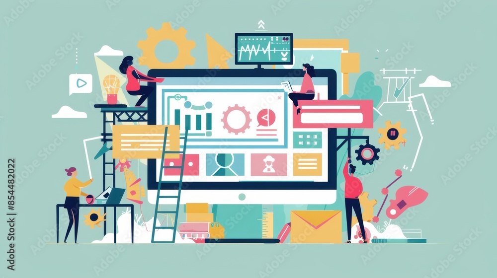Poster a colorful illustration showing a team of people working together to build a website, emphasizing th