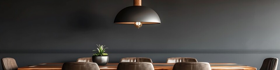 Contemporary dining area with a walnut table, leather chairs, and a minimalist pendant light, set against a dark grey wall