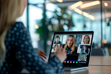 executive female manager looking at laptop and talking leading conference remote video call virtual meeting in office
