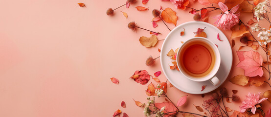 Cozy Autumn Tea Scene with Dried Flowers and Leaves on a Pink Pastel Background. Detail Flat Lay of Cup and Saucer with Tea, Surrounded by Autumnal Elements, Perfect for Seasonal and Relaxation Con
