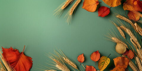 Top View of Autumn Background with Brown and Orange Leaves on White Wooden Table, Perfect for Seasonal Designs. Flat Lay Autumn Concept with Copy Space, Featuring Simple and Feminine Composition