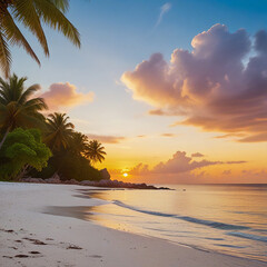 Fototapeta premium sunset sky on exotic tropical beach in Seychelles
