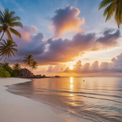 Fototapeta premium sunset sky on exotic tropical beach in Seychelles