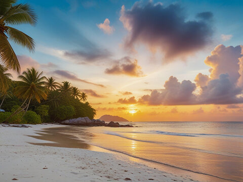 sunset sky on exotic tropical beach in Seychelles