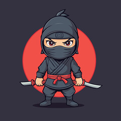 Cute Ninja Fighter Holding Katana Sword Cartoon
