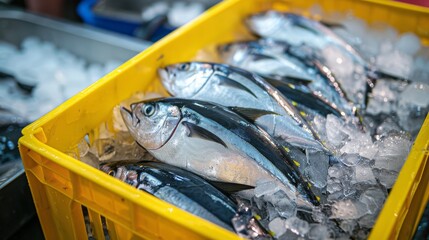 Fototapeta premium A selection of whole fresh fish chilling on ice in a yellow plastic box at a market