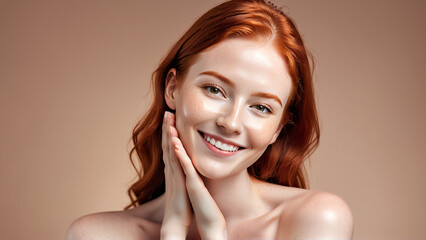 Fototapeta premium Woman smiling while touching her flawless glowy skin with copy space for your advertisement, skincare 