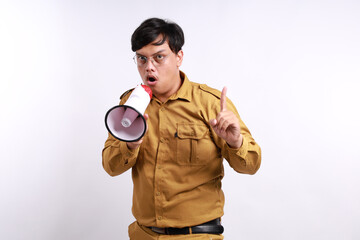 Strict Indonesian civil servant hold scream in megaphone announces warning, Hurry up point finger...
