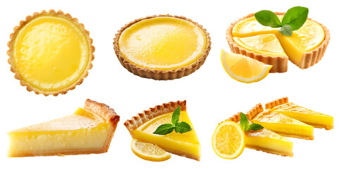 Set of classic tradition lemon pie tart tartlet pastry dessert, on transparent cutout, PNG file. Many assorted different angles, stack, broken, slice, pile. Mockup template for artwork