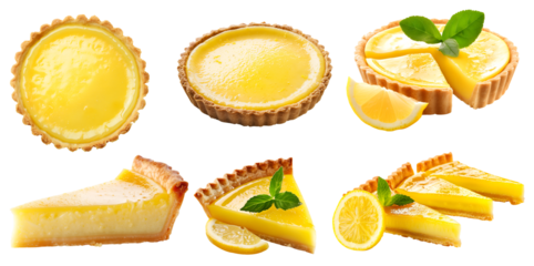 Set of classic tradition lemon pie tart tartlet pastry dessert, on transparent cutout, PNG file. Many assorted different angles, stack, broken, slice, pile. Mockup template for artwork
