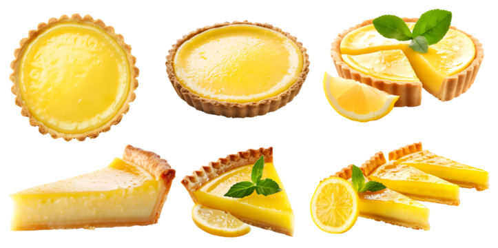 Set of classic tradition lemon pie tart tartlet pastry dessert, on transparent cutout, PNG file. Many assorted different angles, stack, broken, slice, pile. Mockup template for artwork