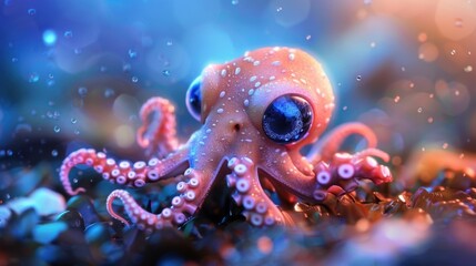 A 3D rendering of a cartoon octopus with large, bright eyes. The octopus is depicted with a pink and white body, surrounded by a vibrant blue and orange background.